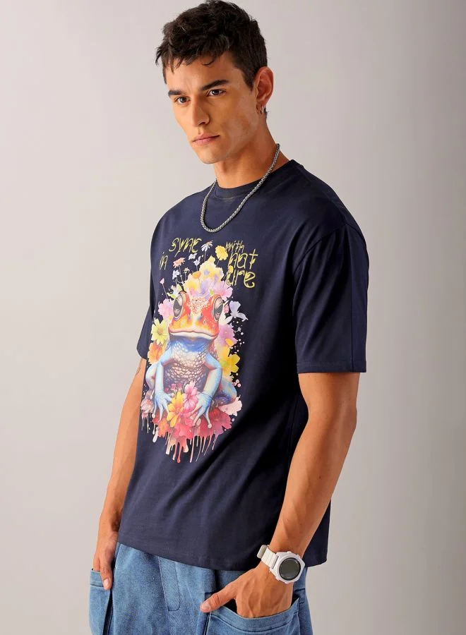 شركة المرآب الهندية Men Boxy Oversized Placement Print Round Neck Tshirt