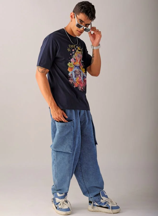 شركة المرآب الهندية Men Boxy Oversized Placement Print Round Neck Tshirt