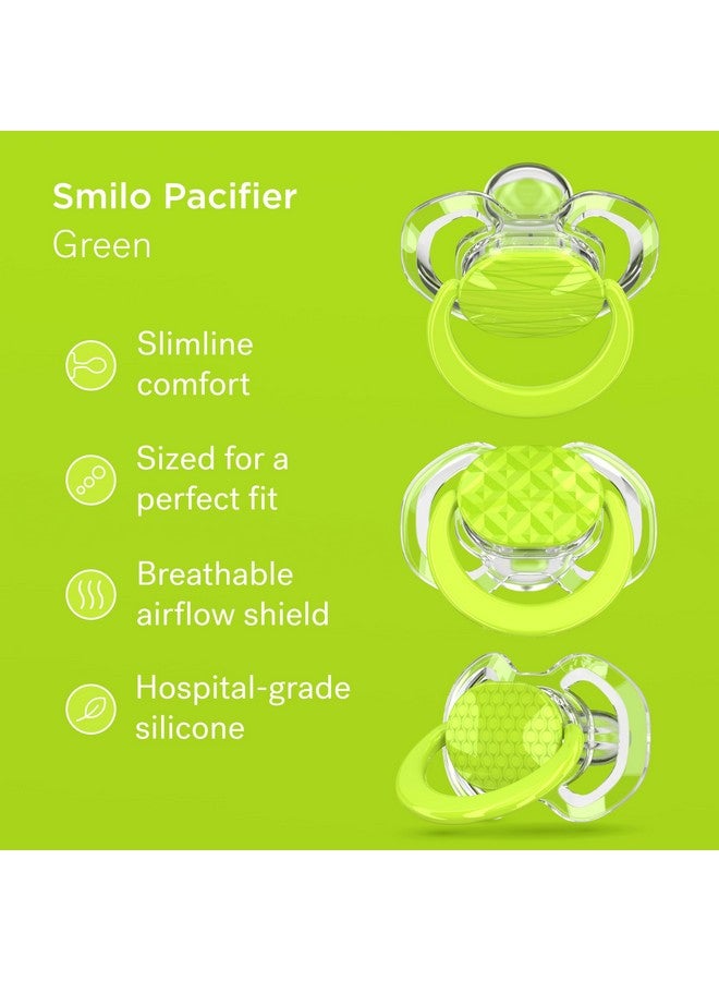 Smilo Baby Pacifier with Orthodontic Design for Healthy Dental Development - Stage 1 for Babies 0-3 Months - Pack of 3X 100% Silicone Newborn Pacifiers BPA Free - Green - Image 1