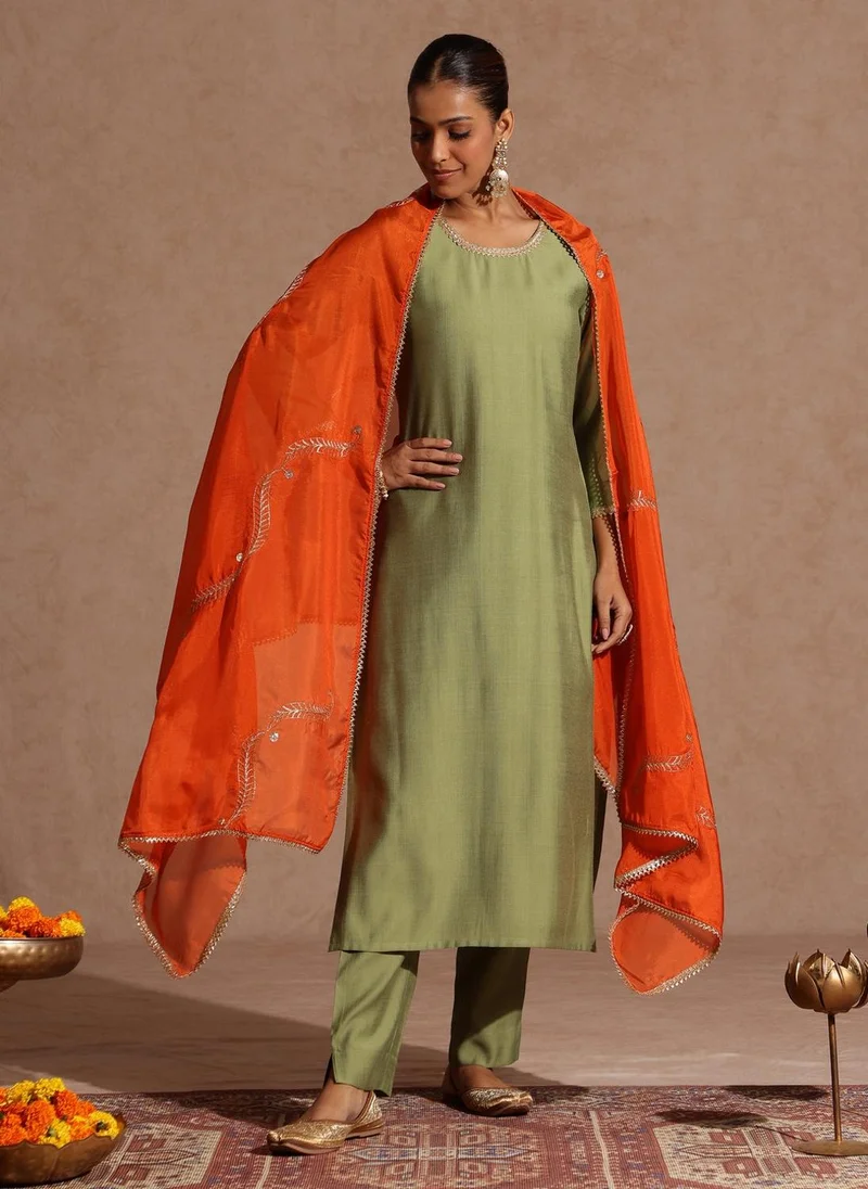 ZERESOUQ Sage Silk Blend Embellished 3-Piece Kurta Set