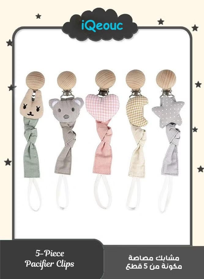 إيكيوك 5 قطع من مشابك اللهايات المصنوعة من القماش بنقوش حيوانات جميلة، وألعاب خشبية لتخفيف آلام التسنين للأطفال الرضع من الجنسين - Image 1