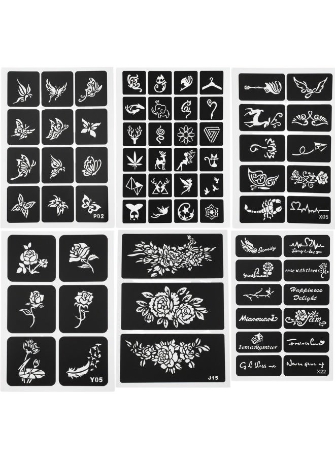 مجموعة 6 قطع ورقة استنسل نقش الحناء والتاتو المؤقت للرسم على الجسم والجلد | استنسل تاتو مؤقت لتصاميم فراشات وعصرية وأنيقة | ملصقات لاصقة سهلة الاستخدام للحناء، الجاجوا، Airbrush | أدوات مبتدئين ومحترفين للرسم على الجلد والهاتف والدفاتر - Image 1