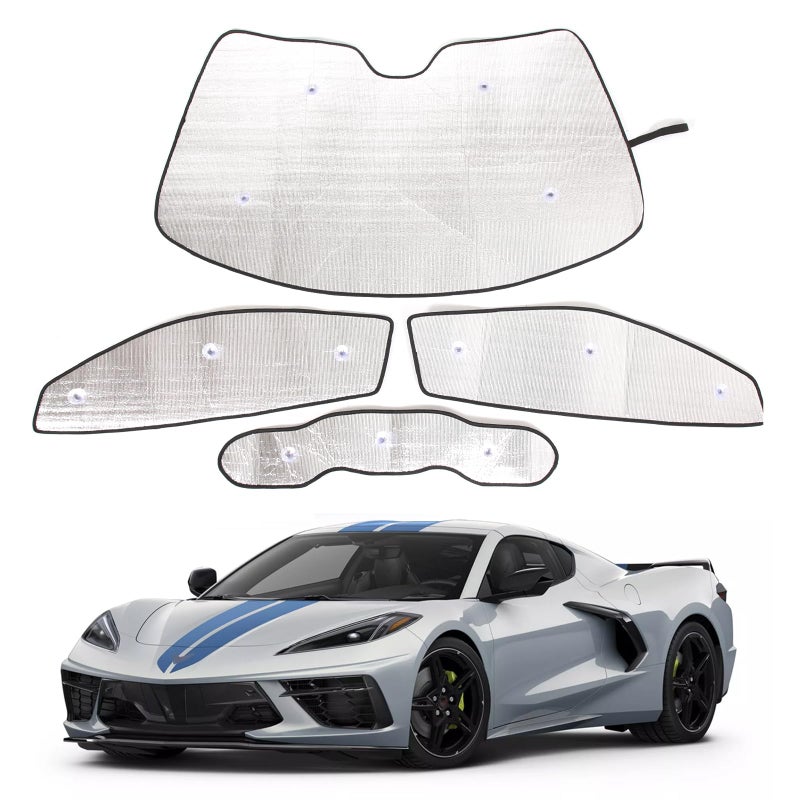 Windshield Sunshade Kit for Chevrolet Corvette C8 20202024 Accessories Front Rear Window Sun Shade Foldable Sun Visor Privacy Protection UV Blocker HeatShield Windshield Side Rear Window Full Set