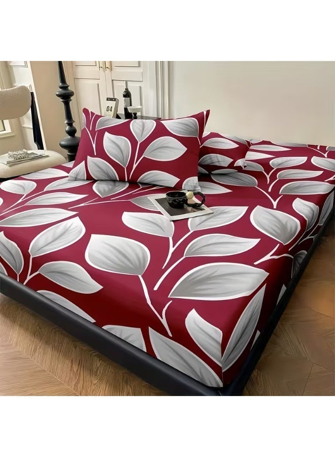 Eworld 3-Piece Fitted Bedsheet Set, Festive Red Honeycomb Leaf Design, 100% Cotton, 125 GSM, 1 Fitted Sheet + 2 Pillowcases – Available in King, Queen and Single Sizes - Image 5