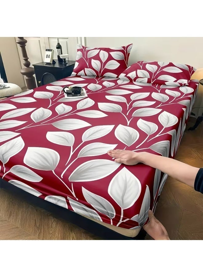 Eworld 3-Piece Fitted Bedsheet Set, Festive Red Honeycomb Leaf Design, 100% Cotton, 125 GSM, 1 Fitted Sheet + 2 Pillowcases – Available in King, Queen and Single Sizes - Image 4