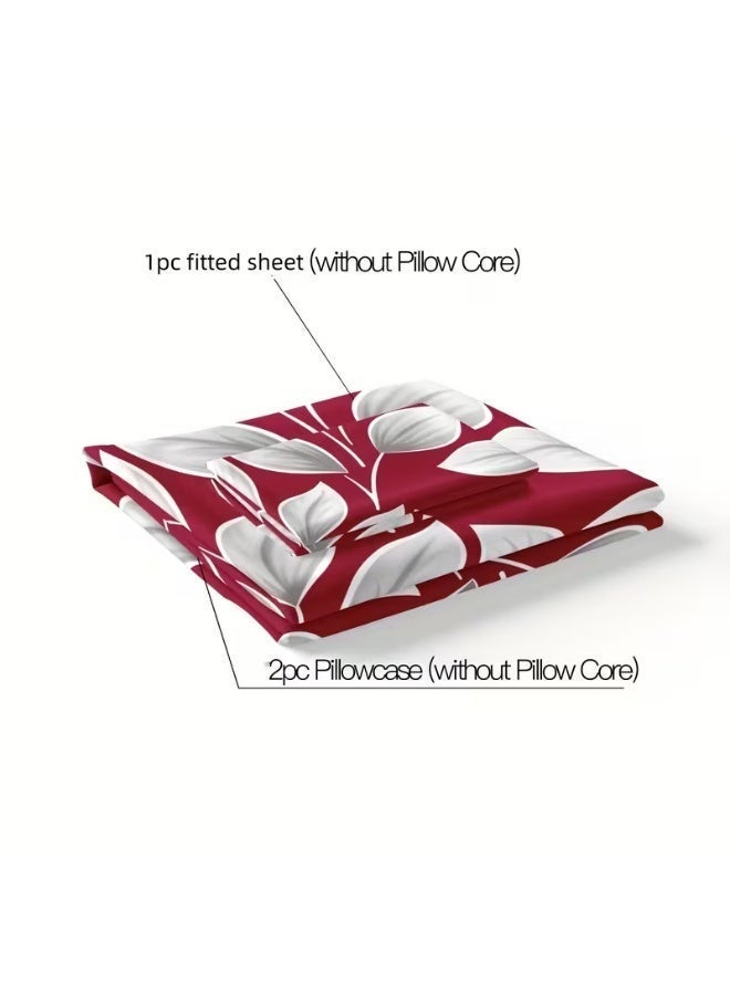 Eworld 3-Piece Fitted Bedsheet Set, Festive Red Honeycomb Leaf Design, 100% Cotton, 125 GSM, 1 Fitted Sheet + 2 Pillowcases – Available in King, Queen and Single Sizes - Image 3