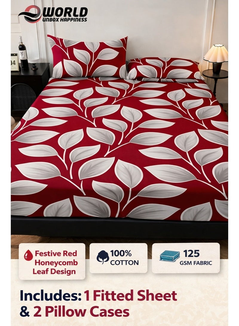 Eworld 3-Piece Fitted Bedsheet Set, Festive Red Honeycomb Leaf Design, 100% Cotton, 125 GSM, 1 Fitted Sheet + 2 Pillowcases – Available in King, Queen and Single Sizes - Image 2