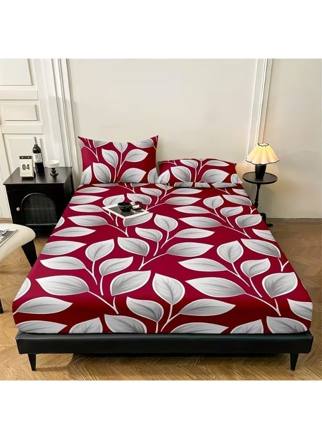 Eworld 3-Piece Fitted Bedsheet Set, Festive Red Honeycomb Leaf Design, 100% Cotton, 125 GSM, 1 Fitted Sheet + 2 Pillowcases – Available in King, Queen and Single Sizes - Image 1