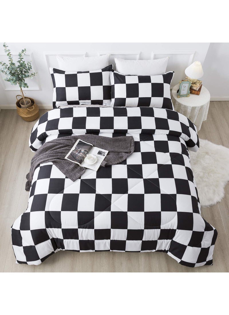 Andency Andency Black White Plaid Comforter Full(79x90Inch)  3 Pieces (1 Plaid Comforter and 2 Pillowcases) Black White Checkerboard Comforter Set  Lightweight Microfiber Geometric Comforter Bedding Set  - Image 1