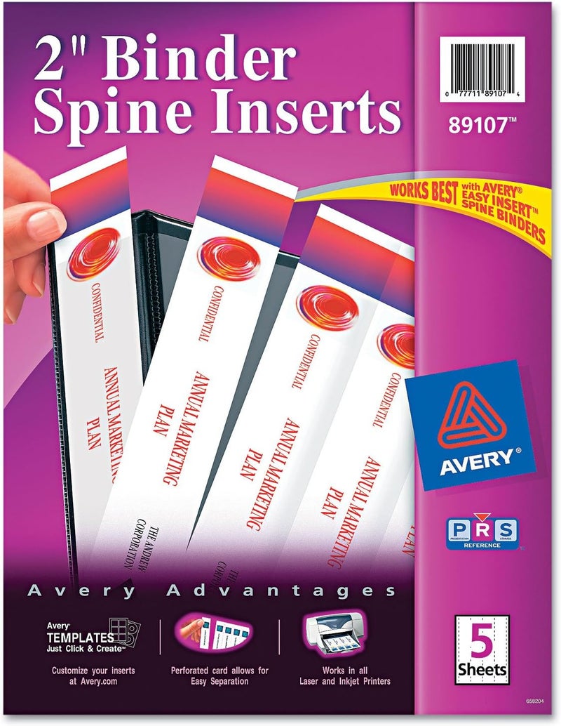 AVERY 2-Inch Binder Spine Inserts, Laser/Inkjet, White, 20 Inserts/Pack (89107) - Image 1