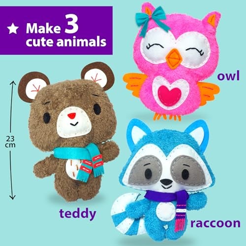 KRAFUN Sewing Kit for Kids Age 7 8 9 10 11 12 Beginner My First Art & Craft, Includes 3 Stuffed Animal Dolls Teddy, Raccoon and Owl, Instructions & Plush Felt Materials for Learn to Sew, Embroidery - Image 2