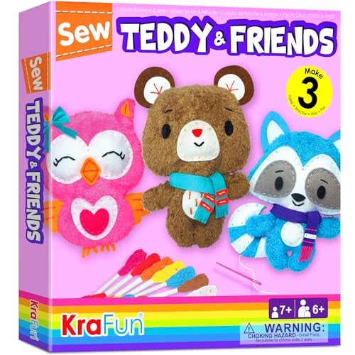 KRAFUN Sewing Kit for Kids Age 7 8 9 10 11 12 Beginner My First Art & Craft, Includes 3 Stuffed Animal Dolls Teddy, Raccoon and Owl, Instructions & Plush Felt Materials for Learn to Sew, Embroidery - Image 1