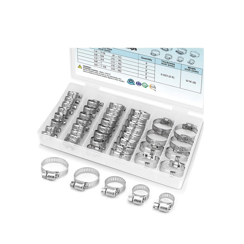 Zikra Hose Clamp Set - 1/4''–1-1/8'' 304 Stainless Steel Worm Gear Hose Clamps for Pipe, Intercooler, Plumbing, Tube and Fuel Line (40PCS) - Image 1