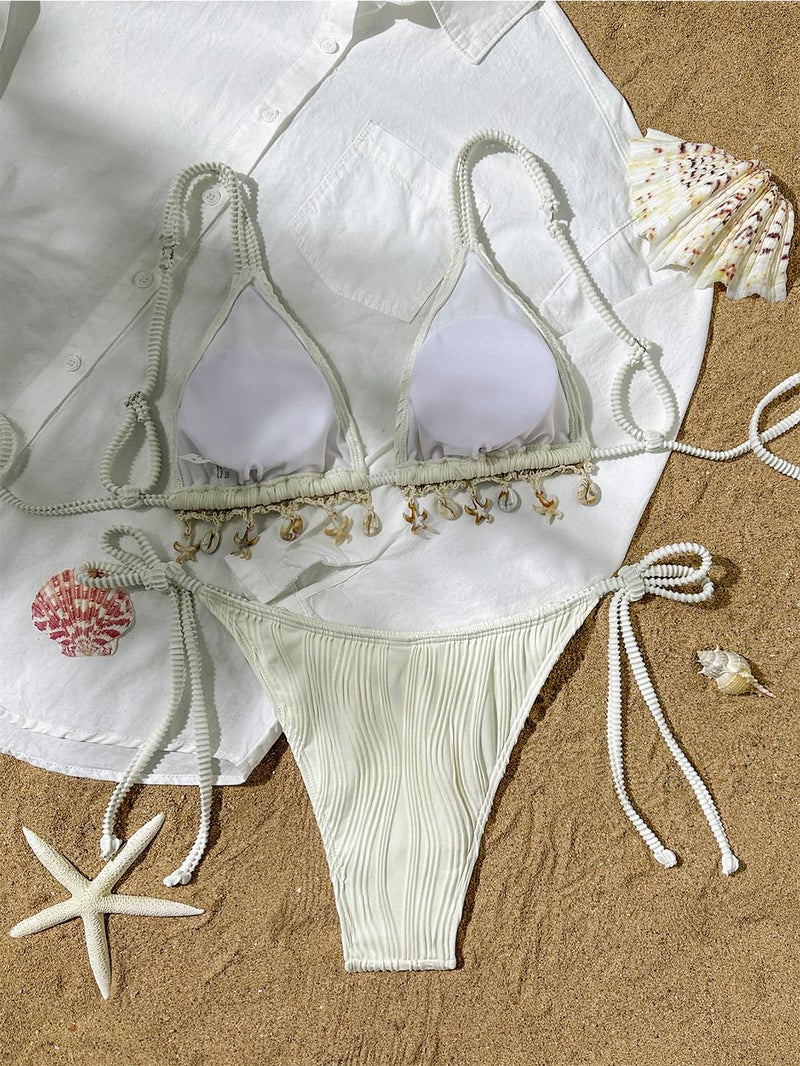 BIKINX Triangle Bikini Sets for Women Seashell Halter Swimsuit Tie Back Two Piece Bathing Suit String Swimwear Beige - Image 5