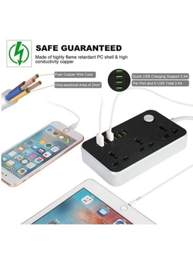 Generic Power Strip with USB Ports Long Cord Universal Socket 3 Outlets Surge Protector 6 Quick USB (4A) Charging Station 3M Power Cord 2500W Circuit Breaker Child Safe Door (Black & Grey)  - Image 4