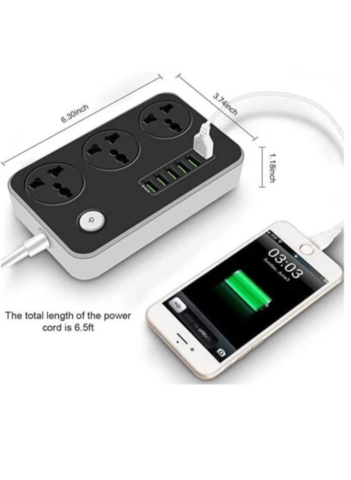 Generic Power Strip with USB Ports Long Cord Universal Socket 3 Outlets Surge Protector 6 Quick USB (4A) Charging Station 3M Power Cord 2500W Circuit Breaker Child Safe Door (Black & Grey)  - Image 5
