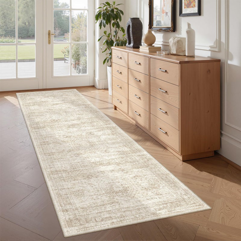 Restydon Washable Runner Rugs for Bedroom - 2x6 Runner Rug Non Slip, Ultra-Thin Entryway Runner, Soft Abstract Kitchen Runner for Hallway, Laundry, Bathroom, Indoor Door Mat(2'x6', Beige/Ivory) - Image 1
