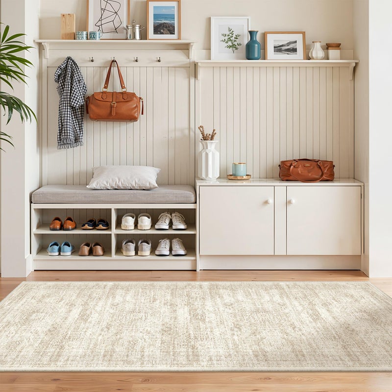 Restydon Washable Runner Rugs for Bedroom - 2x6 Runner Rug Non Slip, Ultra-Thin Entryway Runner, Soft Abstract Kitchen Runner for Hallway, Laundry, Bathroom, Indoor Door Mat(2'x6', Beige/Ivory) - Image 3