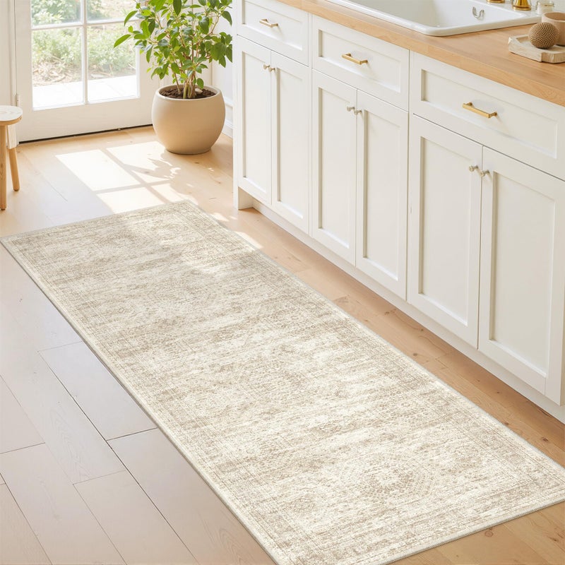 Restydon Washable Runner Rugs for Bedroom - 2x6 Runner Rug Non Slip, Ultra-Thin Entryway Runner, Soft Abstract Kitchen Runner for Hallway, Laundry, Bathroom, Indoor Door Mat(2'x6', Beige/Ivory) - Image 2