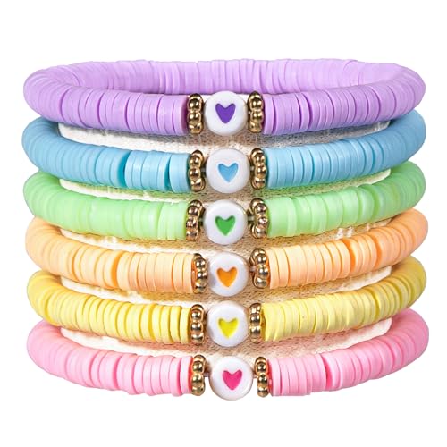 JIASHUYEYE Preppy Bracelets Set Heart Colorful Heishi Surfer Stretch Bracelets Clay Stackable Boho Bracelets Y2K Summer Beach Jewelry for Women Girls - Image 1
