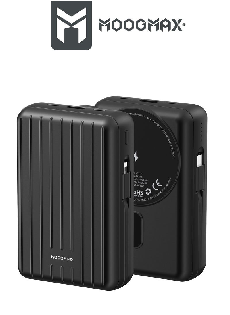 MOOGMAX - 20000mAh Trunk series magnetic wireless power bank  22.5W super-charging, two built-in cables with 15W wireless charging, 3 external ports 1 Type-C and 1 Type-A, and a Lightning port. black - Image 1