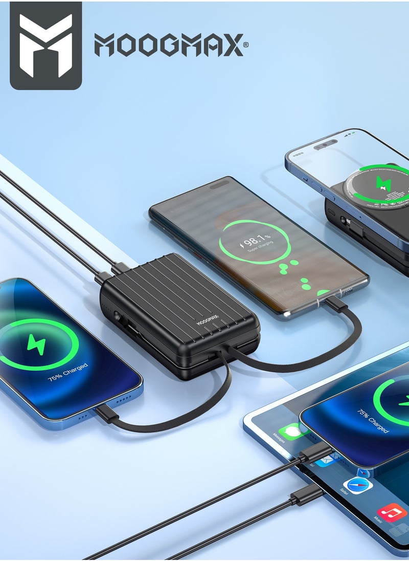 MOOGMAX - 20000mAh Trunk series magnetic wireless power bank  22.5W super-charging, two built-in cables with 15W wireless charging, 3 external ports 1 Type-C and 1 Type-A, and a Lightning port. black - Image 1