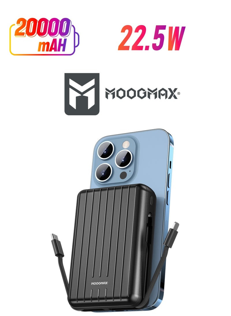 MOOGMAX - 20000mAh Trunk series magnetic wireless power bank  22.5W super-charging, two built-in cables with 15W wireless charging, 3 external ports 1 Type-C and 1 Type-A, and a Lightning port. black - Image 1