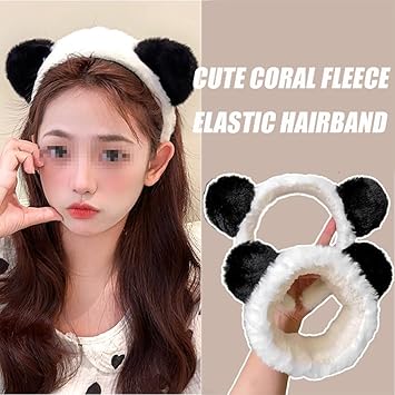 VASANA Panda Ears Headband and Hair Hoop Sets Cute Coral Fleece Elastic Hairband Washing Face Spa Mask Hair Wraps Beauty Skincare Animal Headband for Girls Women - Image 3