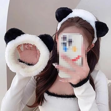 VASANA Panda Ears Headband and Hair Hoop Sets Cute Coral Fleece Elastic Hairband Washing Face Spa Mask Hair Wraps Beauty Skincare Animal Headband for Girls Women - Image 4