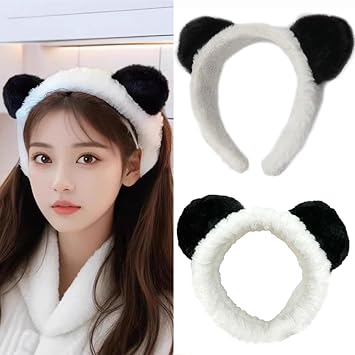 VASANA Panda Ears Headband and Hair Hoop Sets Cute Coral Fleece Elastic Hairband Washing Face Spa Mask Hair Wraps Beauty Skincare Animal Headband for Girls Women - Image 1