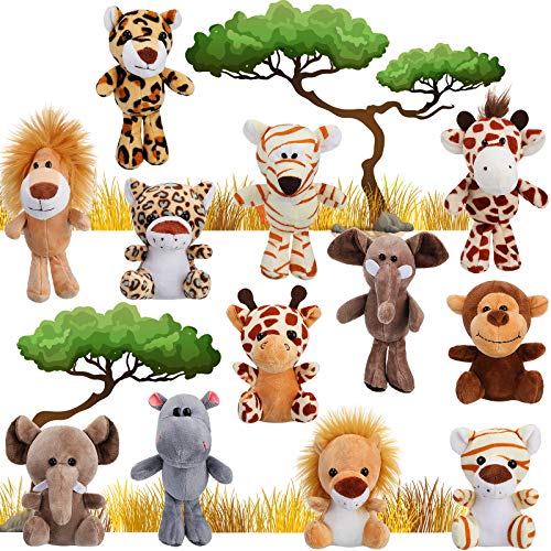 Sumind 12 Pieces Small Stuffed Animals Bulk Gifts Mini Stuffed Forest Jungle Animal Plush Toys 48 Inch Cute Elephant Lion Giraffe Tiger for Claw Machine Baby Shower DecorationsSitting Standing - Image 1