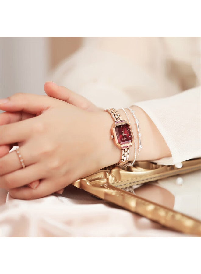Julius Women'S Korean Style Exquisite Small Square Waterproof Ladies Watch Burgundy Ja-1064D - Image 1