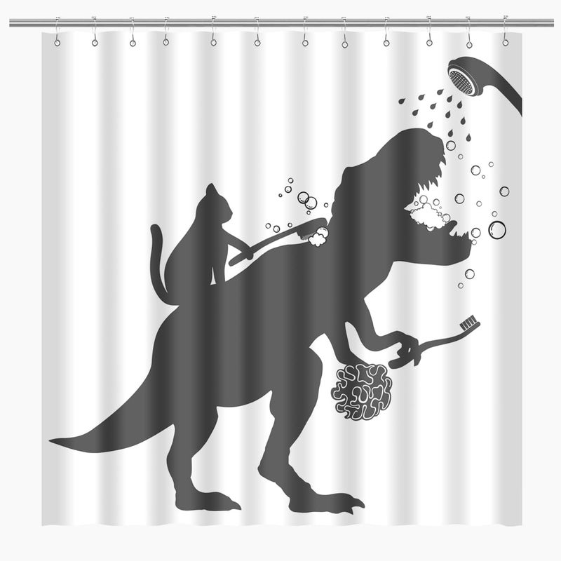 Biysuc Cat Dinosaur Surtain Surtain Funny Cat Help Dino Dino Boys Boys Trex Trex Silhouette Shadow Black White Bathroom Polyester Fabric 60Wx72L BACH مع خطافات - Image 1