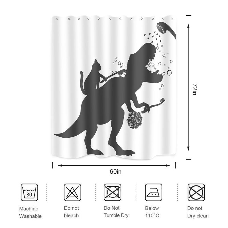 Biysuc Cat Dinosaur Surtain Surtain Funny Cat Help Dino Dino Boys Boys Trex Trex Silhouette Shadow Black White Bathroom Polyester Fabric 60Wx72L BACH مع خطافات - Image 4