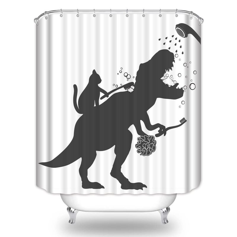 Biysuc Cat Dinosaur Surtain Surtain Funny Cat Help Dino Dino Boys Boys Trex Trex Silhouette Shadow Black White Bathroom Polyester Fabric 60Wx72L BACH مع خطافات - Image 2