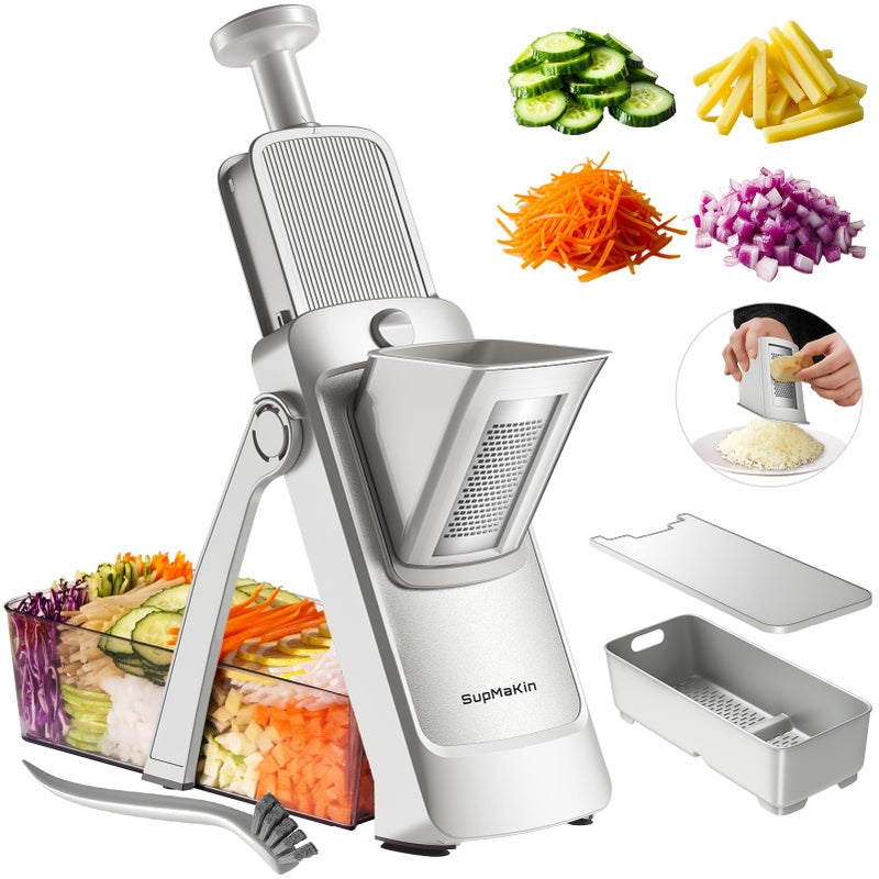 SupMaKin Upgrade Safe Mandoline Slicer,Multi Vegetable Chopper,Potato Slicer, Onion Chopper with Drain Basket Storage Container, Cheese Grater Kitchen Chopping Artifact (SliverGray) - Image 1