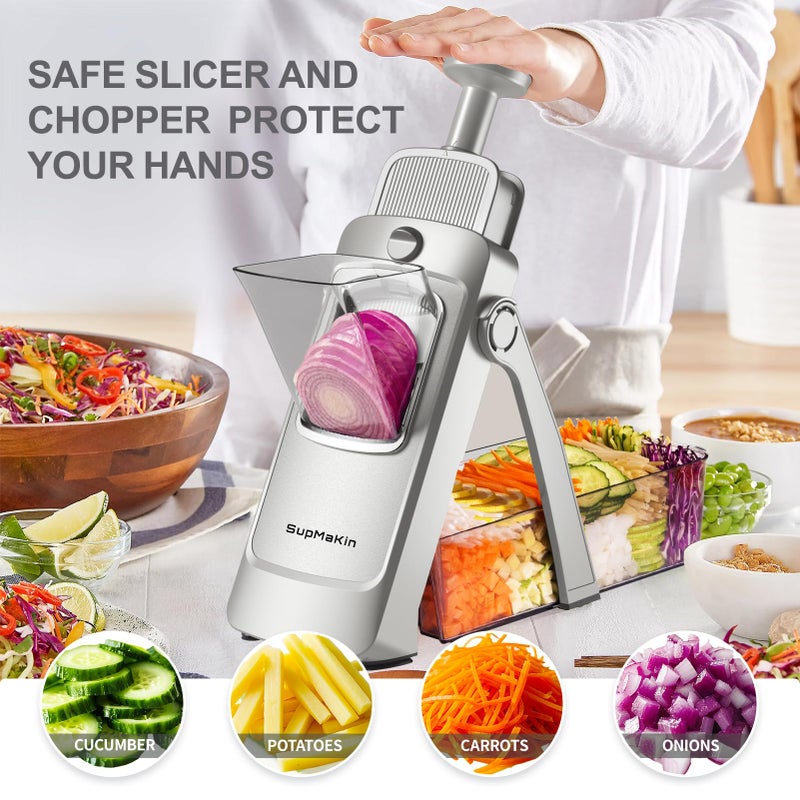 SupMaKin Upgrade Safe Mandoline Slicer,Multi Vegetable Chopper,Potato Slicer, Onion Chopper with Drain Basket Storage Container, Cheese Grater Kitchen Chopping Artifact (SliverGray) - Image 5