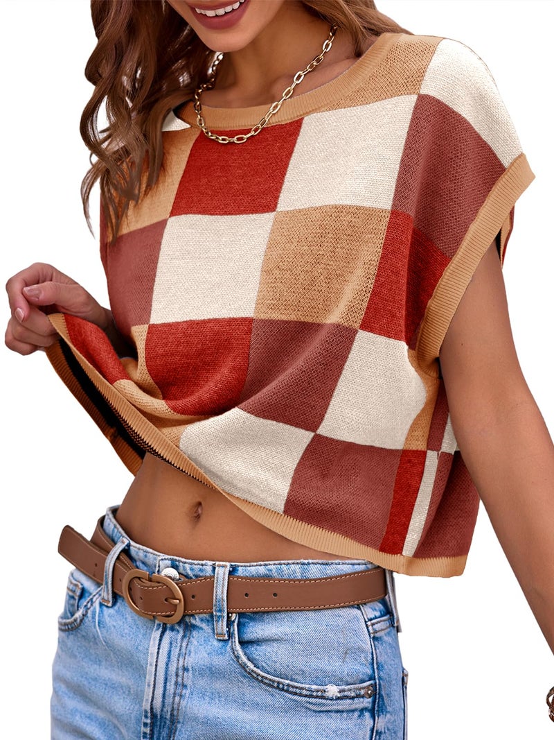 Saodimallsu Womens Cap Sleeve Crop Tops Summer Color Block Going Out Crew Neck Knit Trendy Casual Sweater Brown - Image 3
