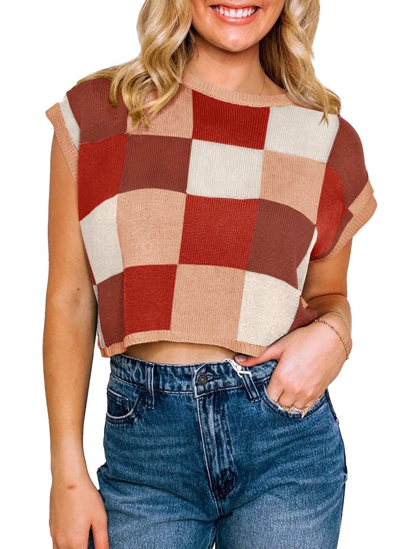Saodimallsu Womens Cap Sleeve Crop Tops Summer Color Block Going Out Crew Neck Knit Trendy Casual Sweater Brown - Image 2