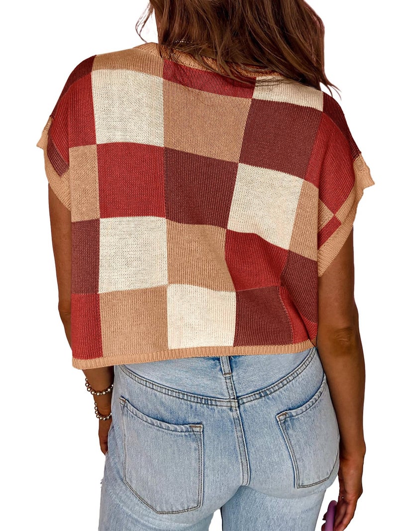 Saodimallsu Womens Cap Sleeve Crop Tops Summer Color Block Going Out Crew Neck Knit Trendy Casual Sweater Brown - Image 4