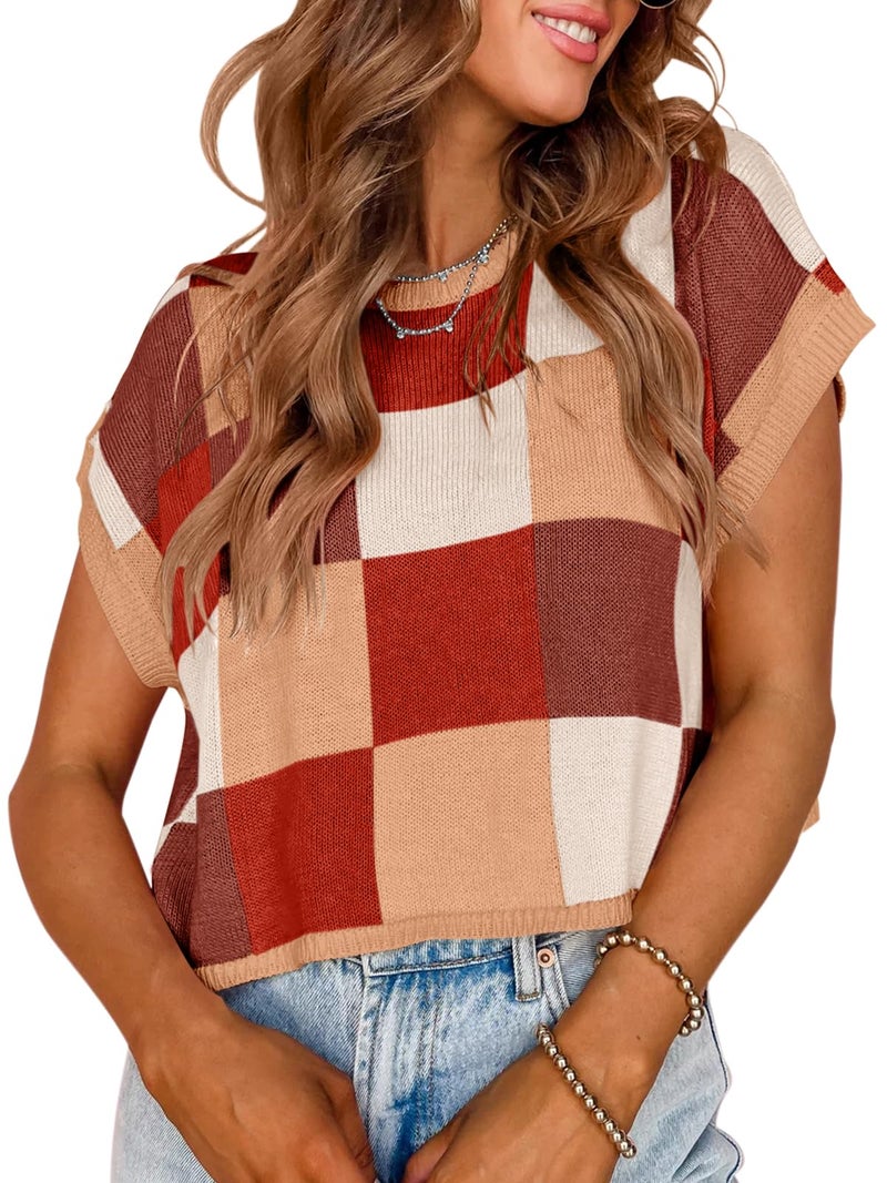 Saodimallsu Womens Cap Sleeve Crop Tops Summer Color Block Going Out Crew Neck Knit Trendy Casual Sweater Brown - Image 1