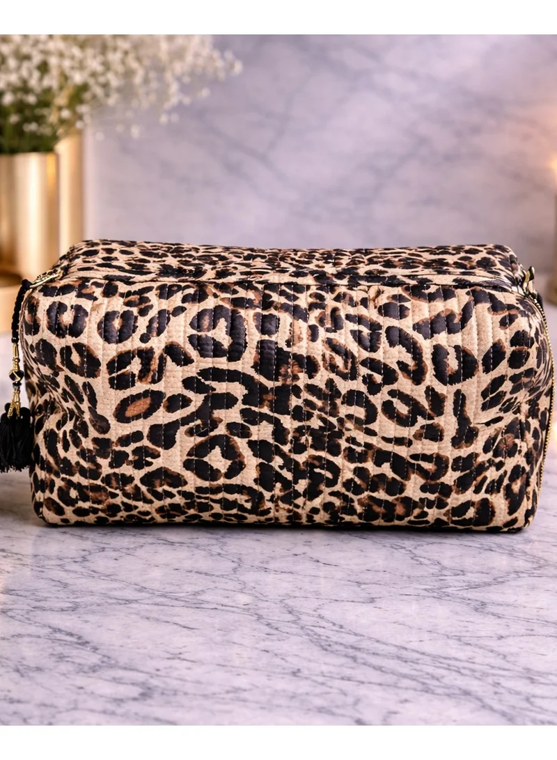 Tohfa Luxe Tohfa Luxe Leopard Handmade Block Printed Cotton Pouch – Large Waterproof Cosmetic & Toiletry Travel Organizer Bag (25 × 12 × 12 cm)