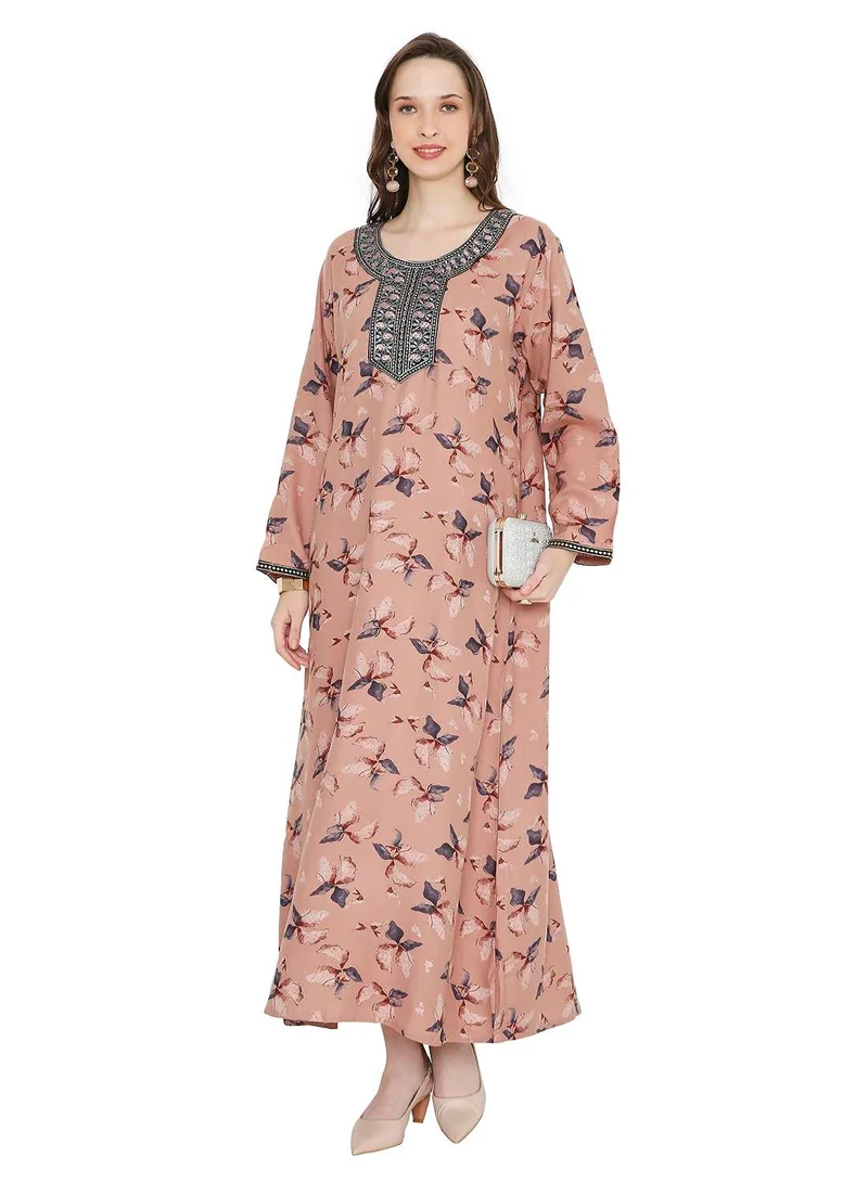 HANA & SARA FLORAL PRINTED WITH SMALL STONE WORK ON EMBROIDERY STYLISH FARASHA KAFTAN JALABIYA DRESSES