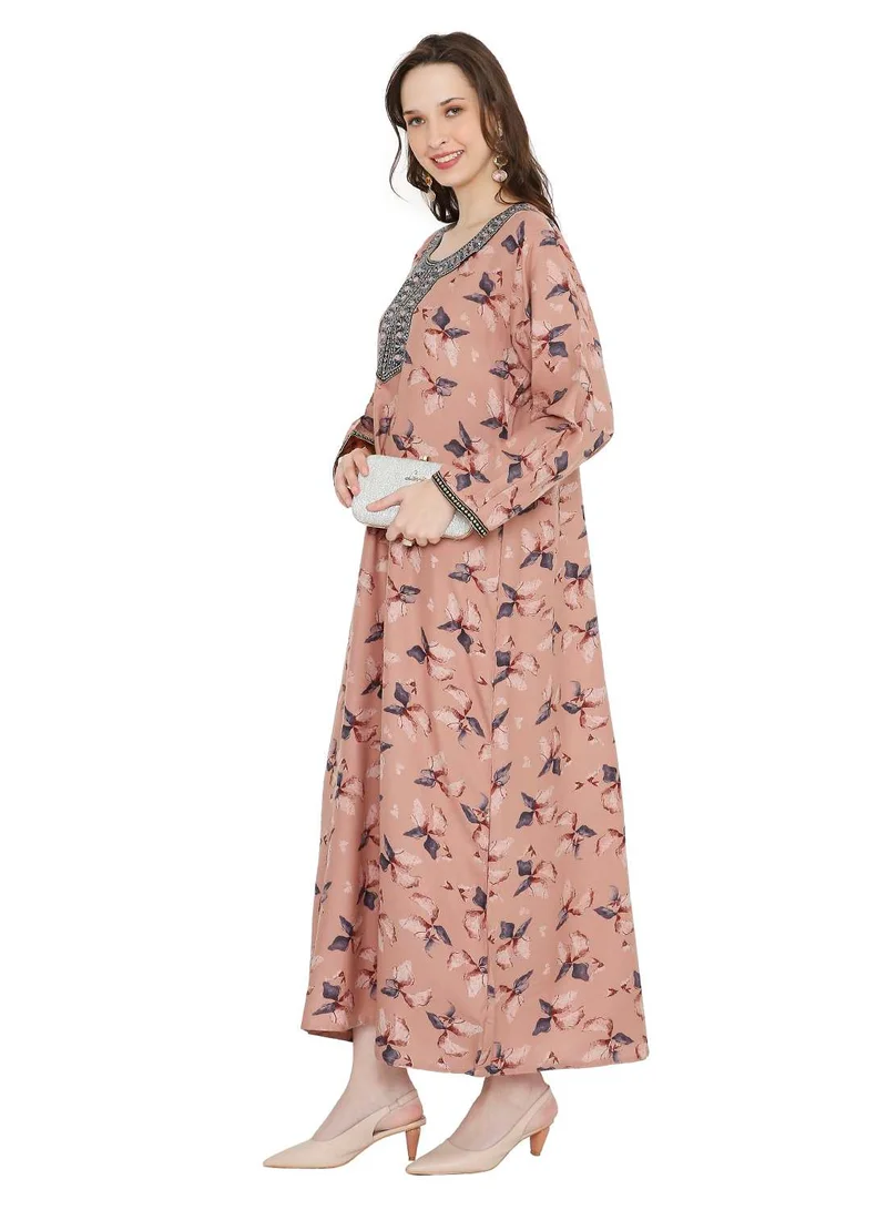 HANA & SARA FLORAL PRINTED WITH SMALL STONE WORK ON EMBROIDERY STYLISH FARASHA KAFTAN JALABIYA DRESSES