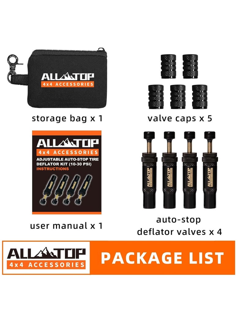 عام طقم صمام تفريغ الهواء للإطارات قابل للتعديل (10-30 رطل/بوصة مربعة) مكون من 4 قطع من أداة تفريغ الهواء للإطارات ذات الإيقاف التلقائي للطرق الوعرة 4x4 (مع 5 أغطية صمام) - Image 3