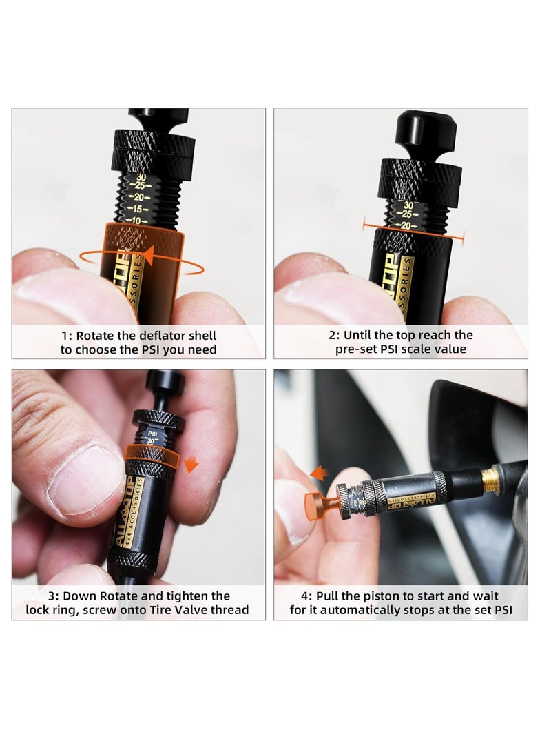 عام طقم صمام تفريغ الهواء للإطارات قابل للتعديل (10-30 رطل/بوصة مربعة) مكون من 4 قطع من أداة تفريغ الهواء للإطارات ذات الإيقاف التلقائي للطرق الوعرة 4x4 (مع 5 أغطية صمام) - Image 4