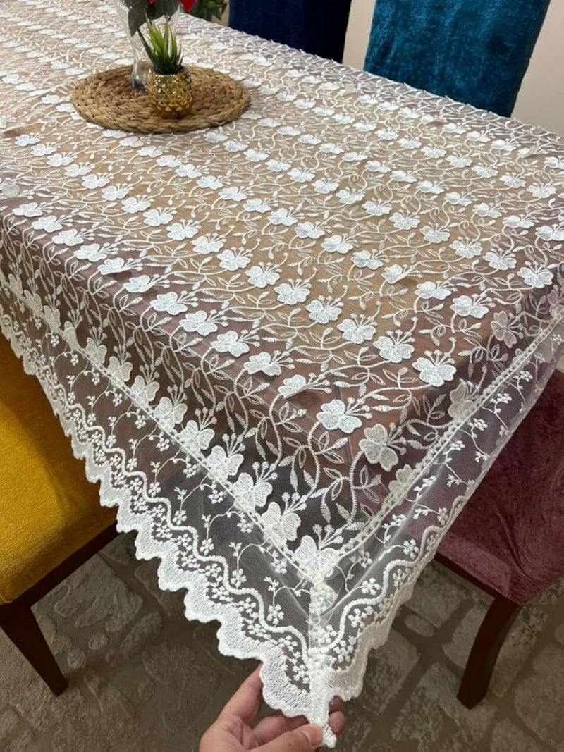 مفرش طاولة دانتيل زهري عام، 140 × 210 سم، أبيض، تصميم تركي مطرز