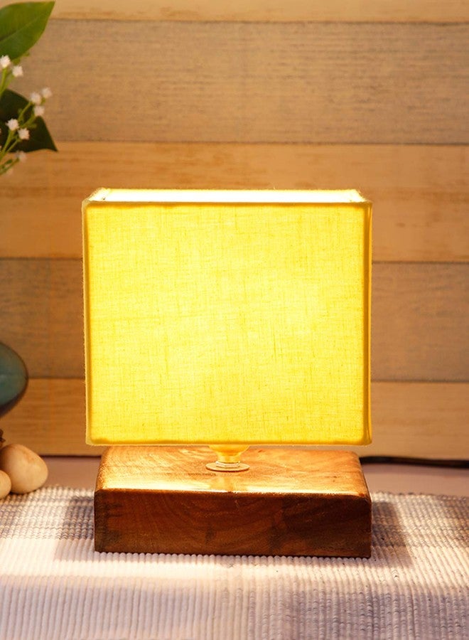 Devansh Square Yellow Cotton Shade Table Lamp with Wood Base - Image 1
