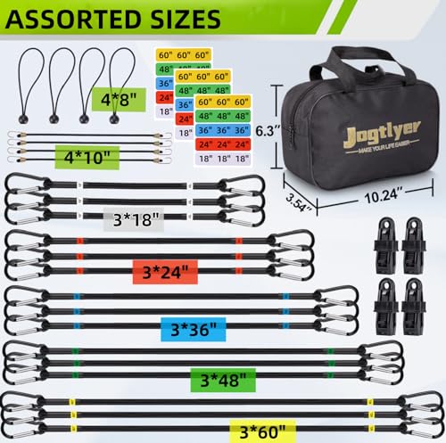 Jogtlyer مجموعة حبال بونجي جوكتلاير 28 قطعة للاستخدام الخارجي مع خطافات كارابينر 10" 18" 24" 36" 48" 60" حبال بونجي سوداء ومشابك خيمة (28 قطعة - أسود) - Image 2