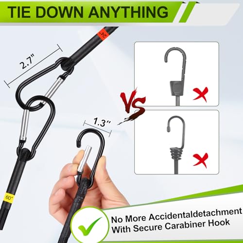 Jogtlyer مجموعة حبال بونجي جوكتلاير 28 قطعة للاستخدام الخارجي مع خطافات كارابينر 10" 18" 24" 36" 48" 60" حبال بونجي سوداء ومشابك خيمة (28 قطعة - أسود) - Image 5